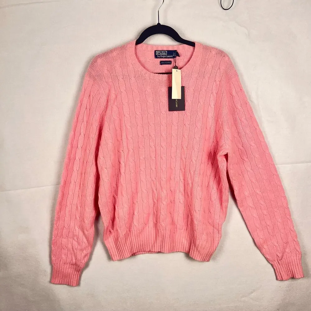 Vintage Polo Ralph Lauren NWT Pink Cashmere Cable Knit Crewneck Sweater L FLAW